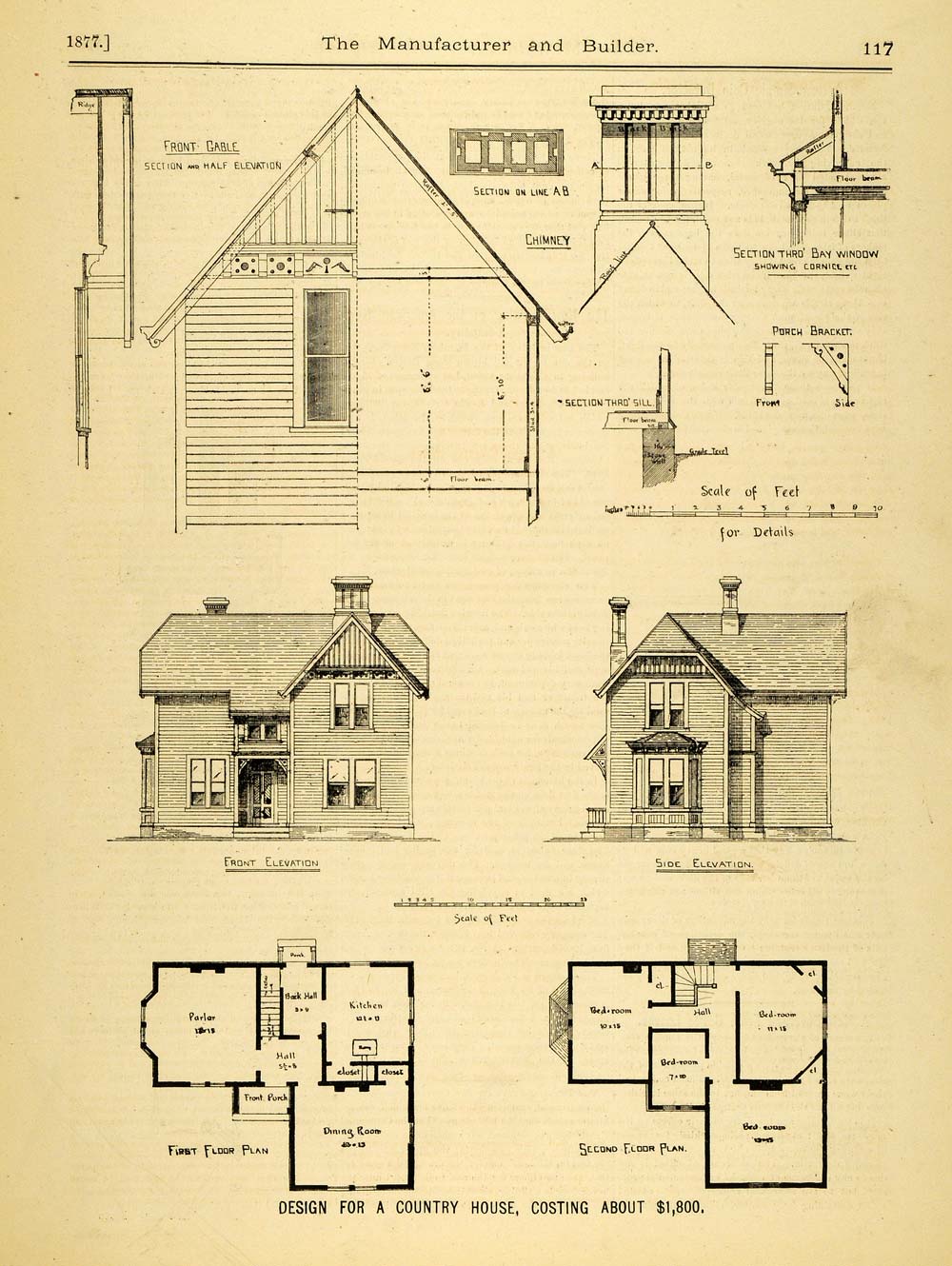 1877 Print Victorian Country House Architectural Design Floor Plans MAB1