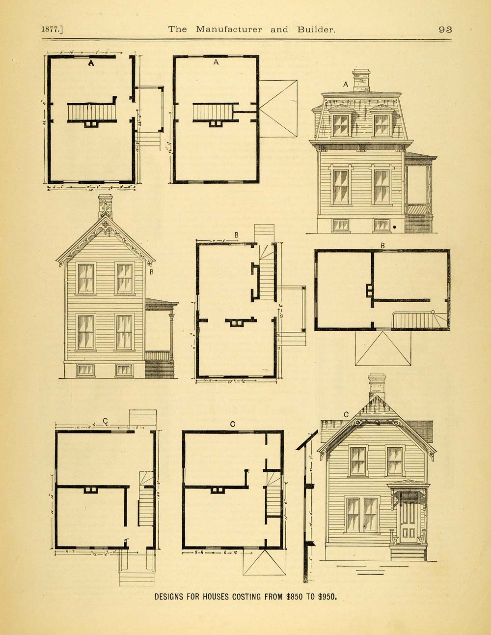 1877 Print Victorian Architecture Design Houses D. B. Provoost Floor Plans MAB1