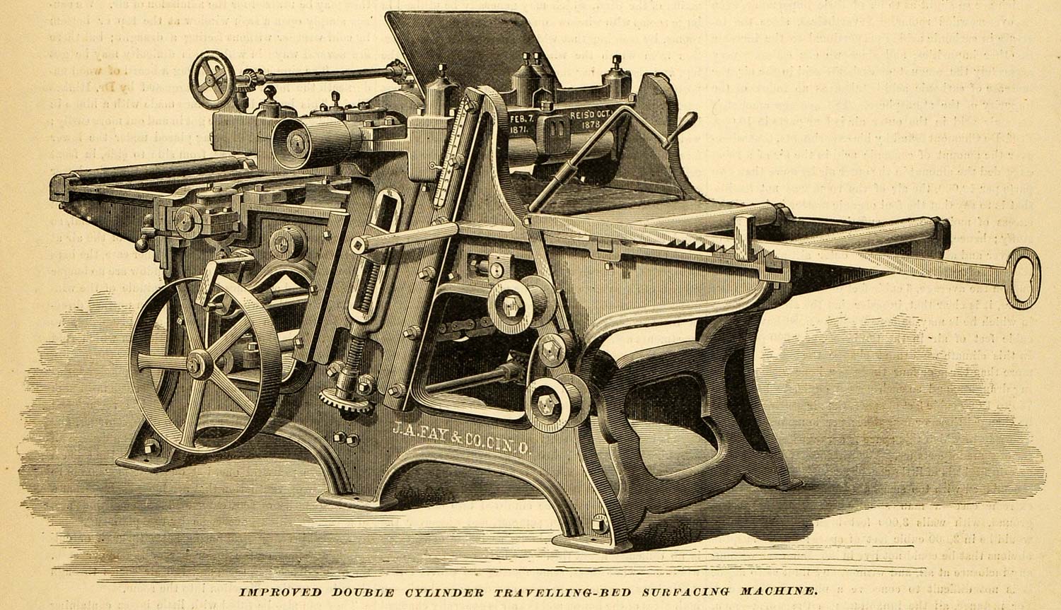 1879 Print Double Cylinder Traveling-Bed Surfacing Machine J A Fay Co MAB1