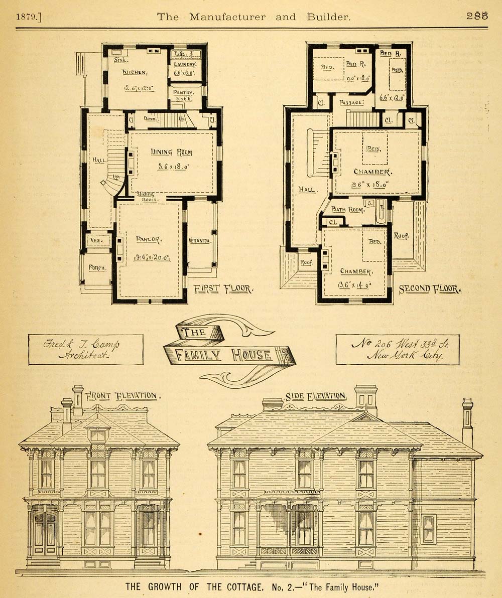 1879 Print Cottage House Architectural Design Plans Frederick T. Camp MAB1
