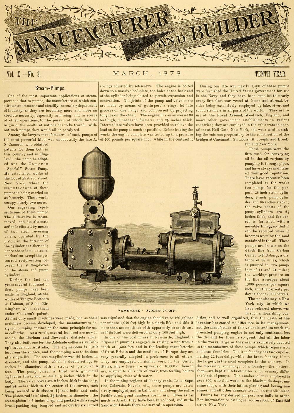 1878 Article Steam Pump Vintage Machine A S Cameron East 23d Street New MAB1