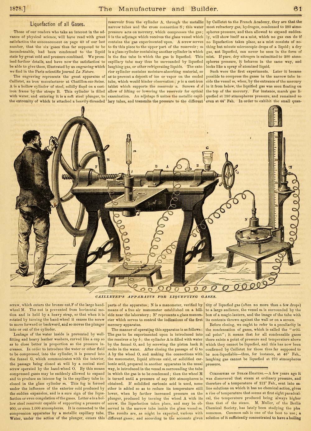 1878 Article Liquefying Gases Cailletet's Apparatus Vintage Chatillon-sur MAB1