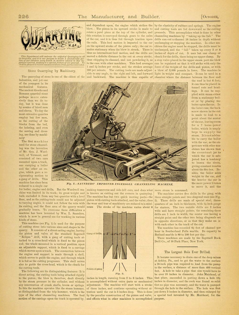 Channeling Machine Stone 1884 Article Ingersoll Channeling Machine Quarry Stone Drill Drilling ...