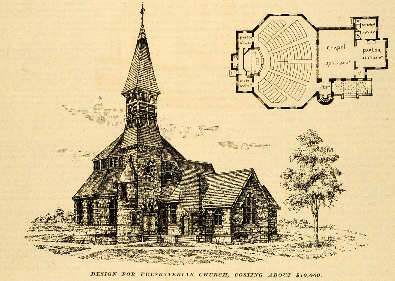 1889 Print Presbyterian Church Architecture Design Plan Chapel Steeple MAB1