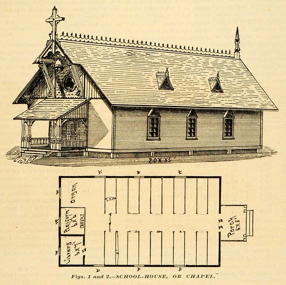 1889 Print School Schoolhouse Chapel Architectural Plan Church Architecture MAB1