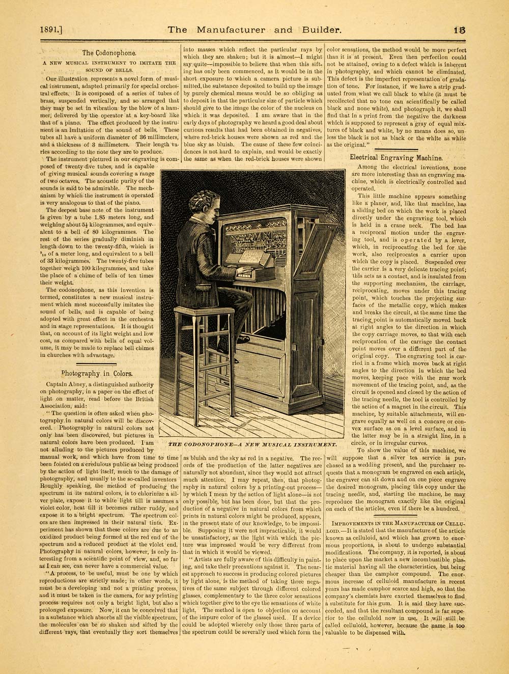 1891 Article Codonophone Musical Instrument Bell Sound Vintage Piano MAB1