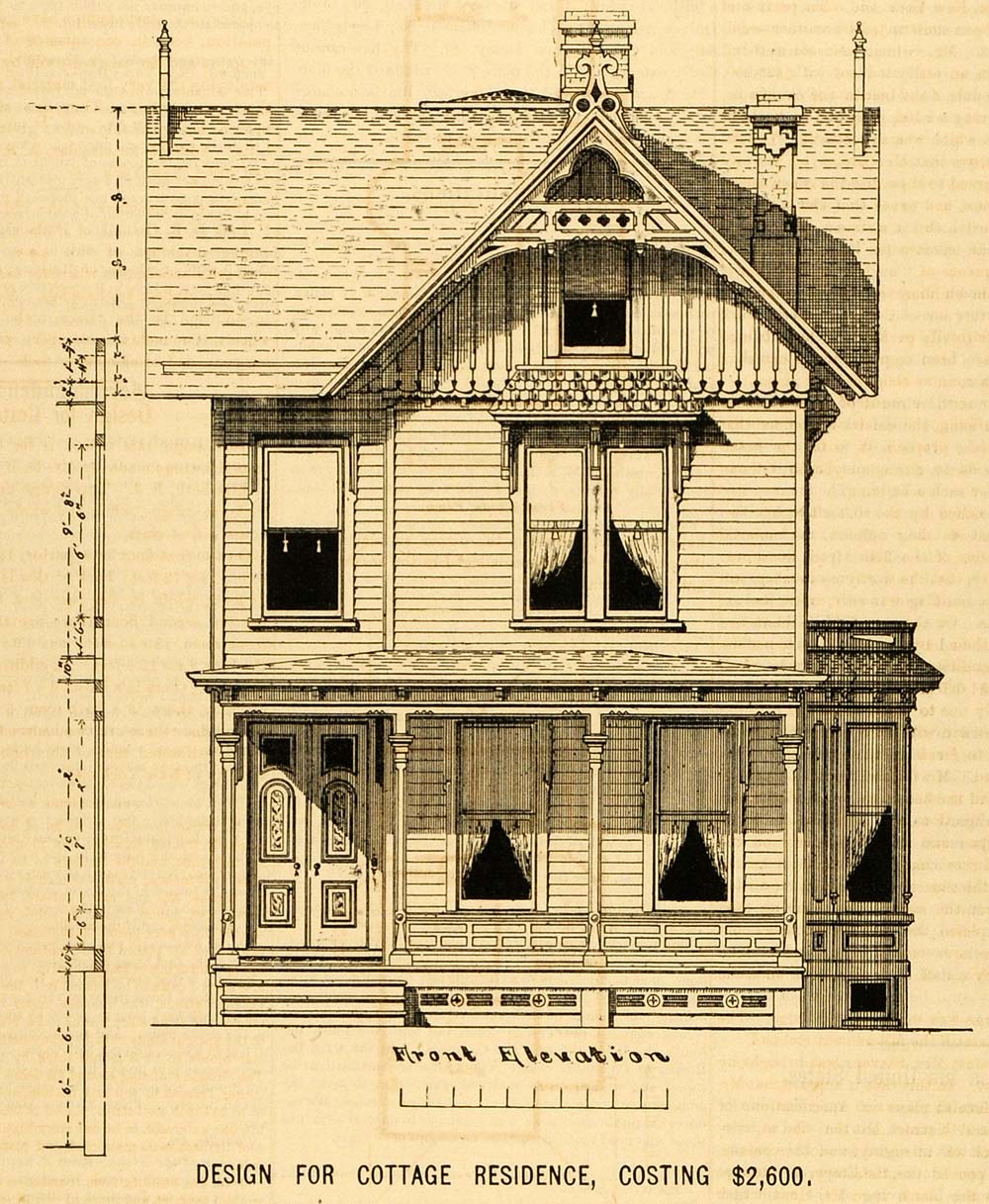 1878 Prints Cottage Architectural Design Floor Plan Victorian House MAB1