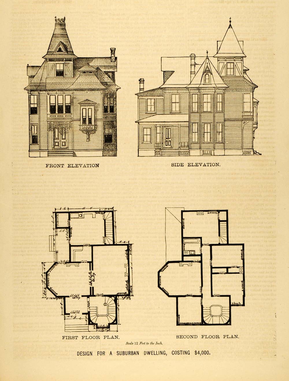 1878 Print Victorian Suburban House Architectural Design Floor Plans D MAB1