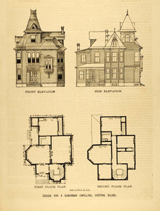 1878 Print Victorian Suburban House Architectural Design Floor Plans D MAB1