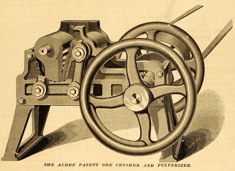 1878 Print Alden Patent Ore Crusher Pulverizer Machine E T Copeland NYC MAB1