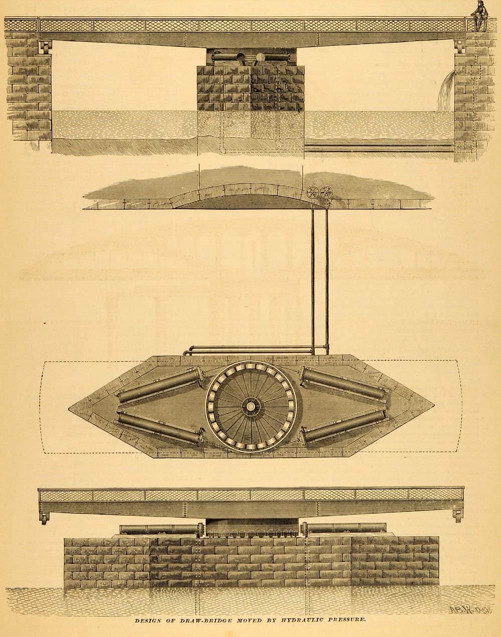 1879 Print Drawbridge Hydraulic Pressure Engineering Architecture Bridge MAB1