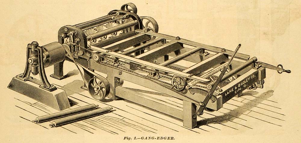 1879 Print Gang-Edger Machine Conveyer Belt Saw Antique Lane & Bodley MAB1