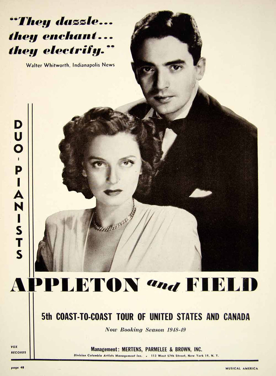 1948 Booking Ad Appleton Field Piano Duo Pianists Musical Entertainmen ...