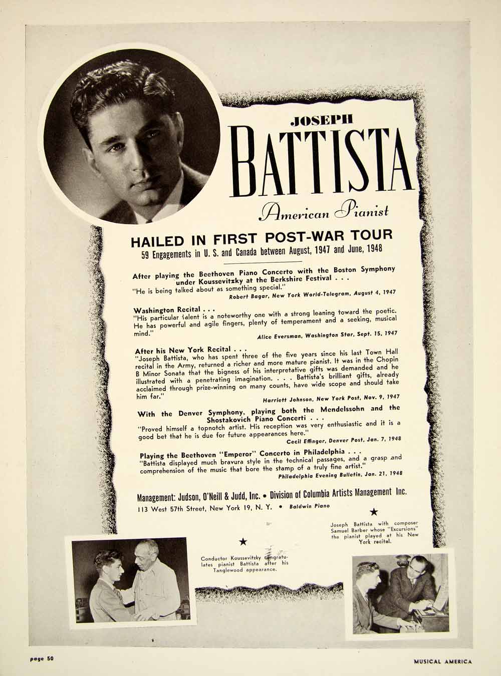1948 Booking Ad Joseph Battista American Pianist Musical Entertainment Tour MAM1