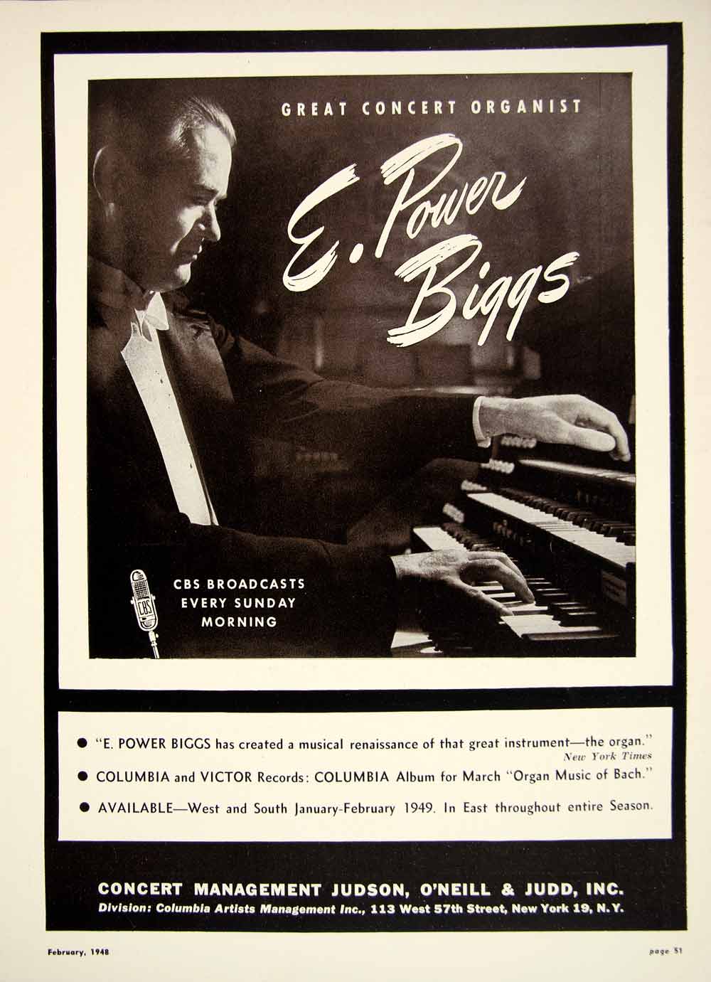 1948 Booking Ad E. Power Biggs Concert Organist Organ Musical Entertainment MAM1