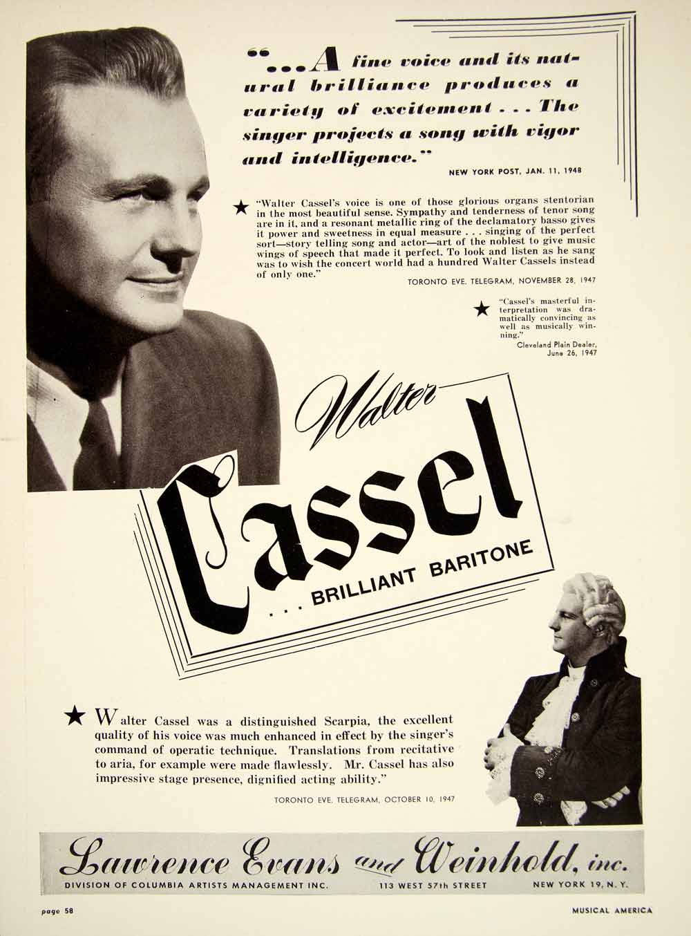 1948 Booking Ad Walter Cassel Opera Baritone Singer Actor Music Operatic MAM1