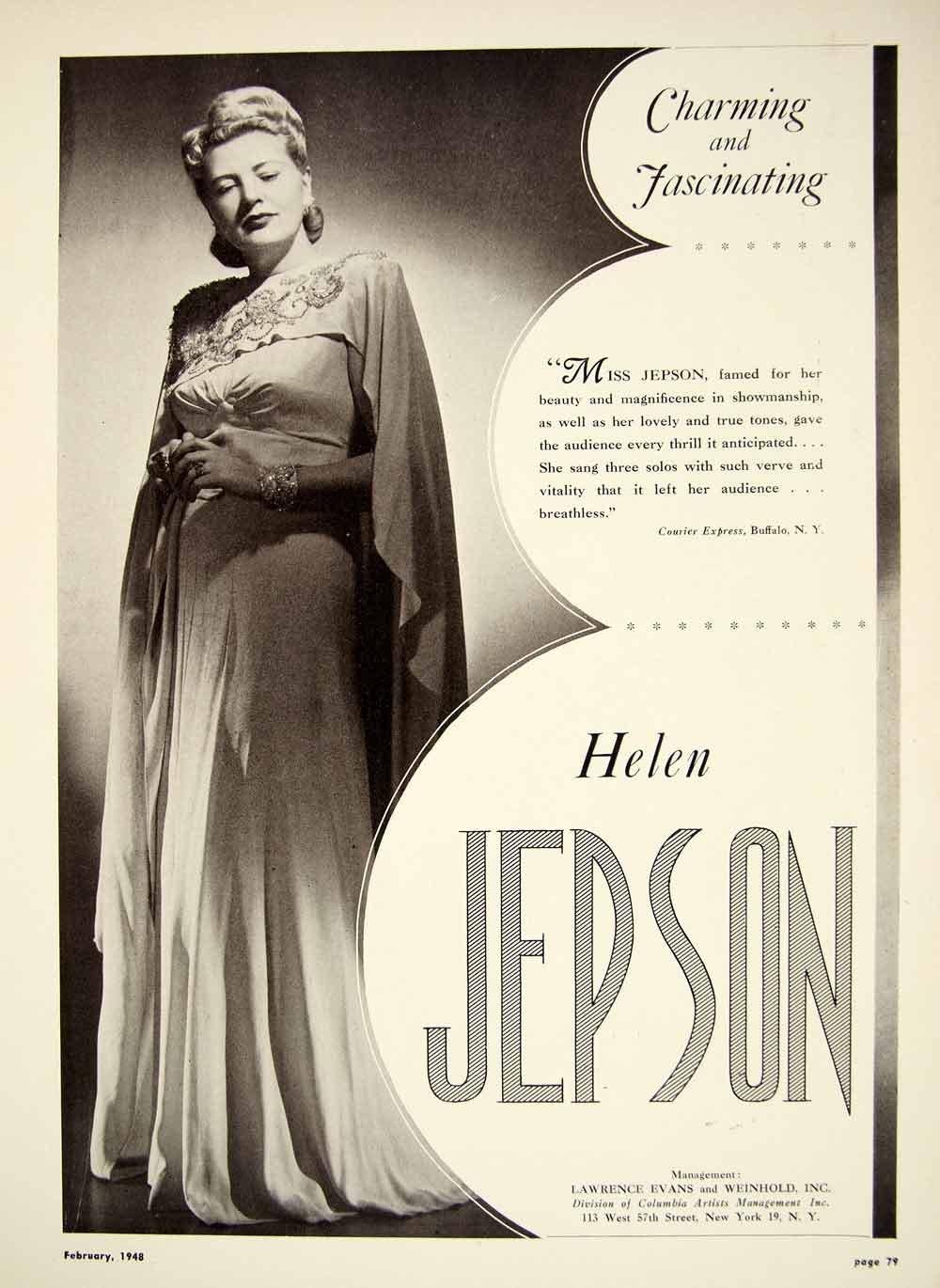 1948 Booking Ad Helen Jepson Lyric Soprano Opera Music Musical Singer MAM1