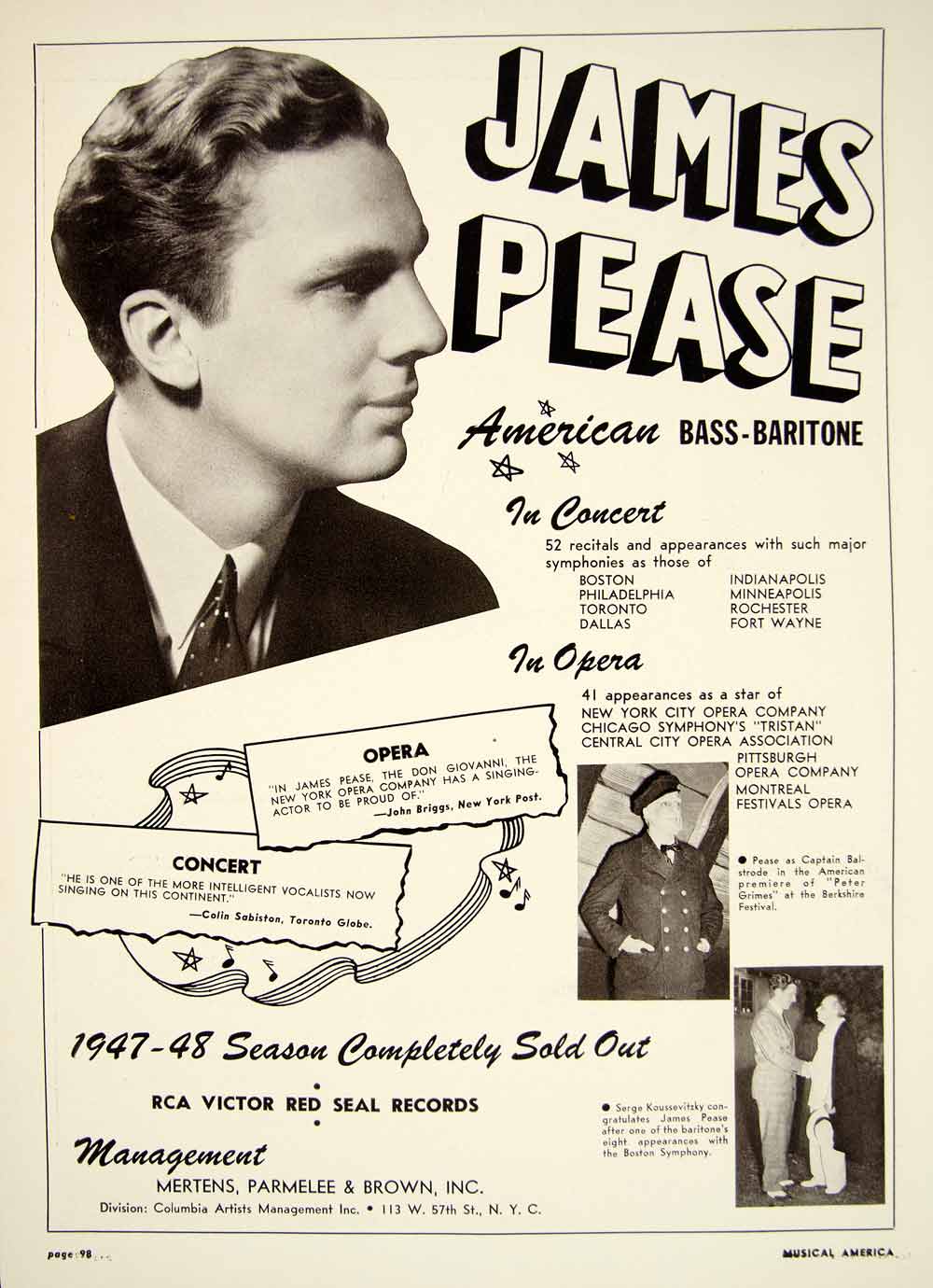 1948 Booking Ad James Pease Bass Baritone Opera Star Concert Singer Music MAM1