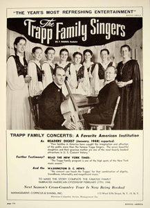 1948 Booking Ad Trapp Family Singers Music Group Concert Tour Franz Wasner MAM1