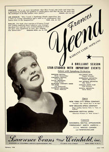 1948 Booking Ad Frances Yeend Soprano Singer Opera Concert Soloist Music MAM1