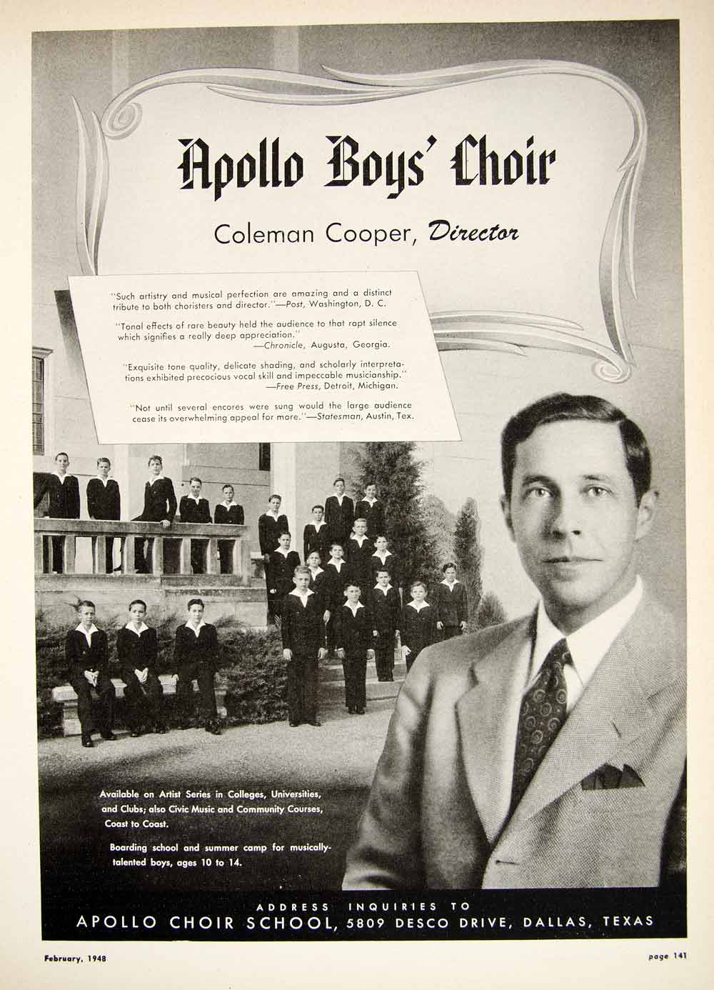 1948 Booking Ad Apollo Boys Choir Coleman Cooper Singing Group Dallas TX MAM1