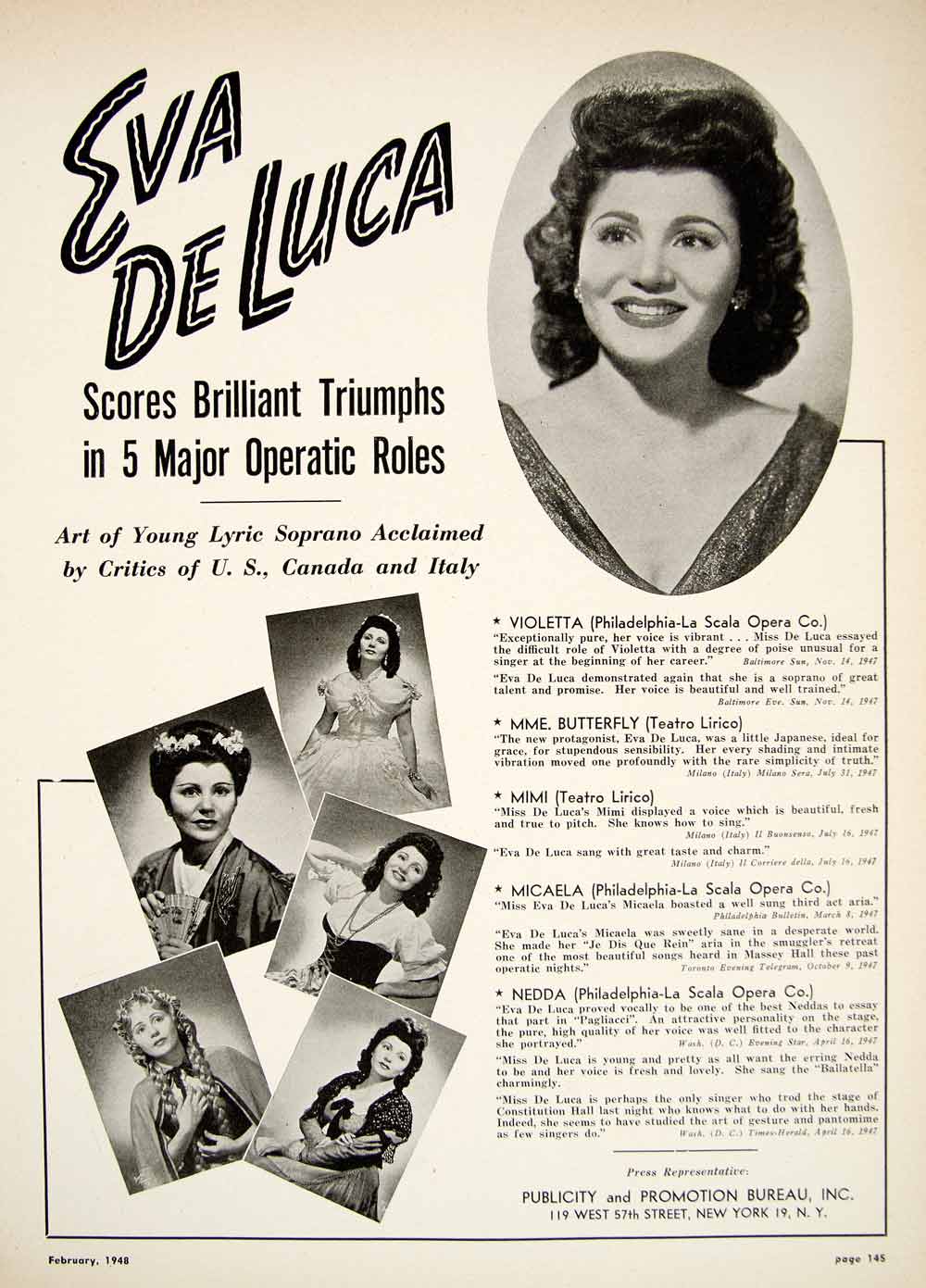 1948 Booking Ad Eva De Luca Lyric Soprano Opera Singer Music Entertainment  MAM1