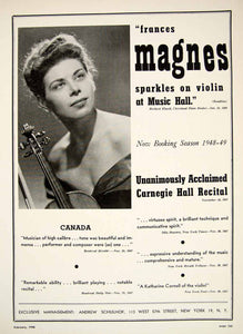 1948 Booking Ad Frances Magnes Violinist Violin Carnegie Hall Recital Music MAM1