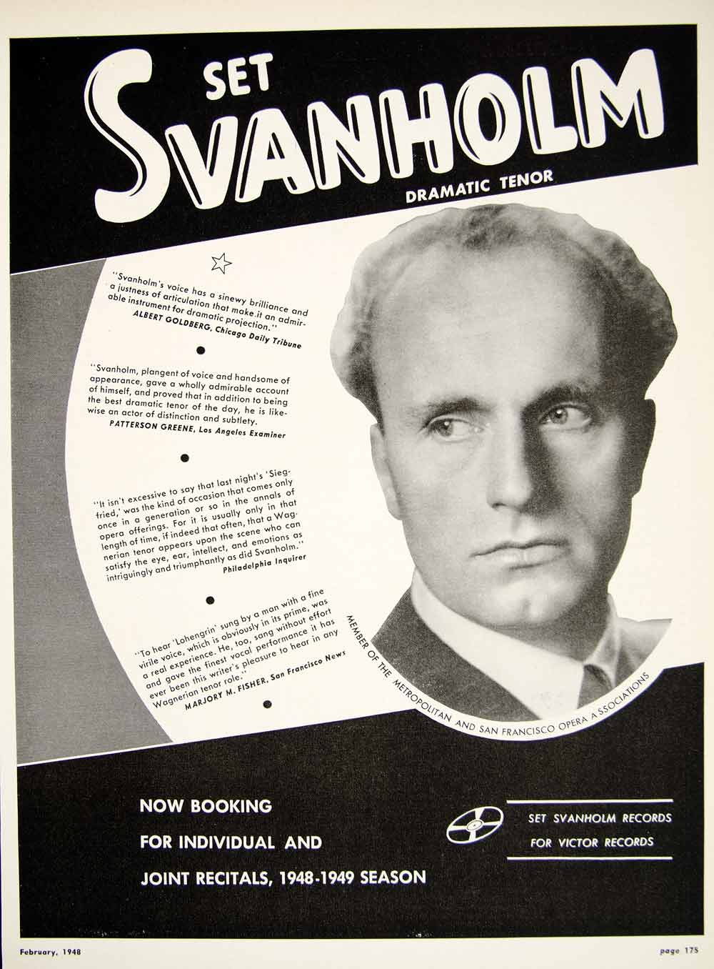 1948 Booking Ad Set Svanholm Dramatic Tenor Opera Swedish Singer Siegfried MAM1