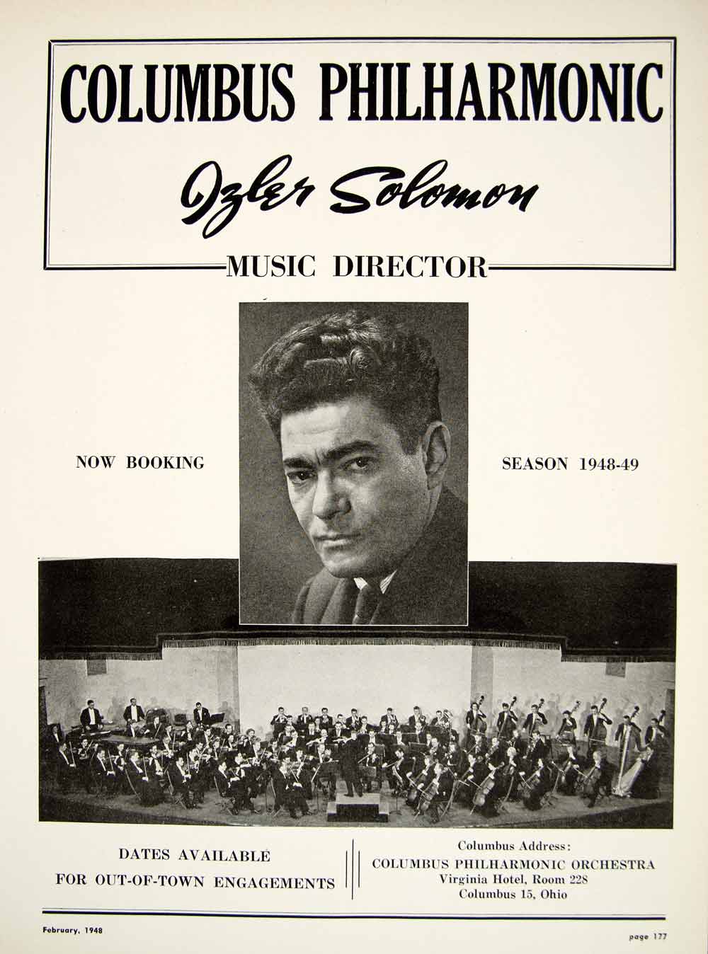 1948 Booking Ad Columbus Philharmonic Orchestra Izler Solomon Conductor MAM1