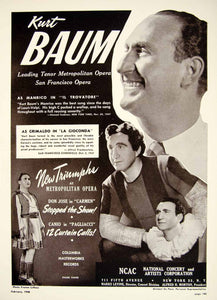 1948 Booking Ad Kurt Baum Leading Tenor Singer Metropolitan Opera Music MAM1