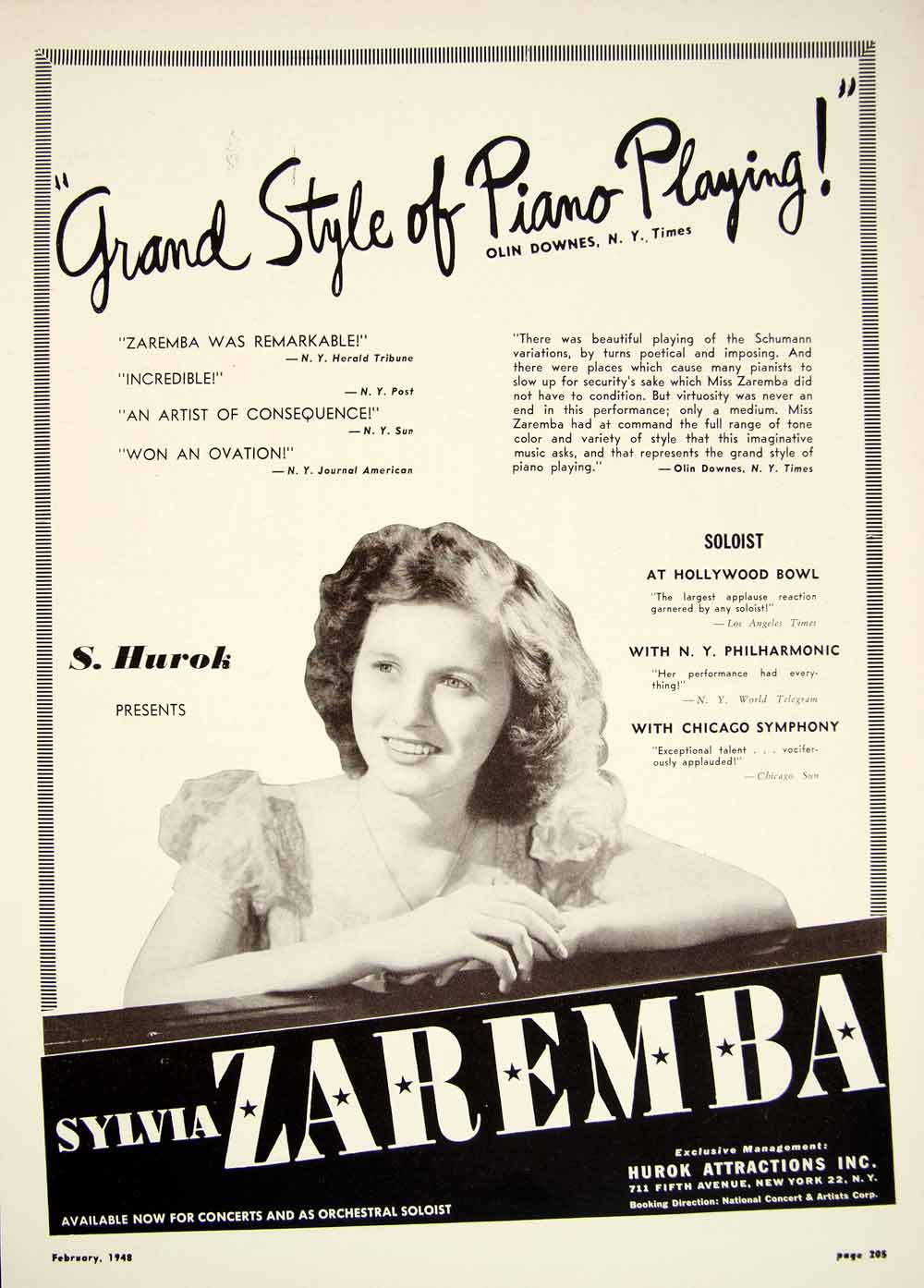 1948 Booking Ad Sylvia Zaremba Pianist Piano Player Classical Music S Hurok MAM1