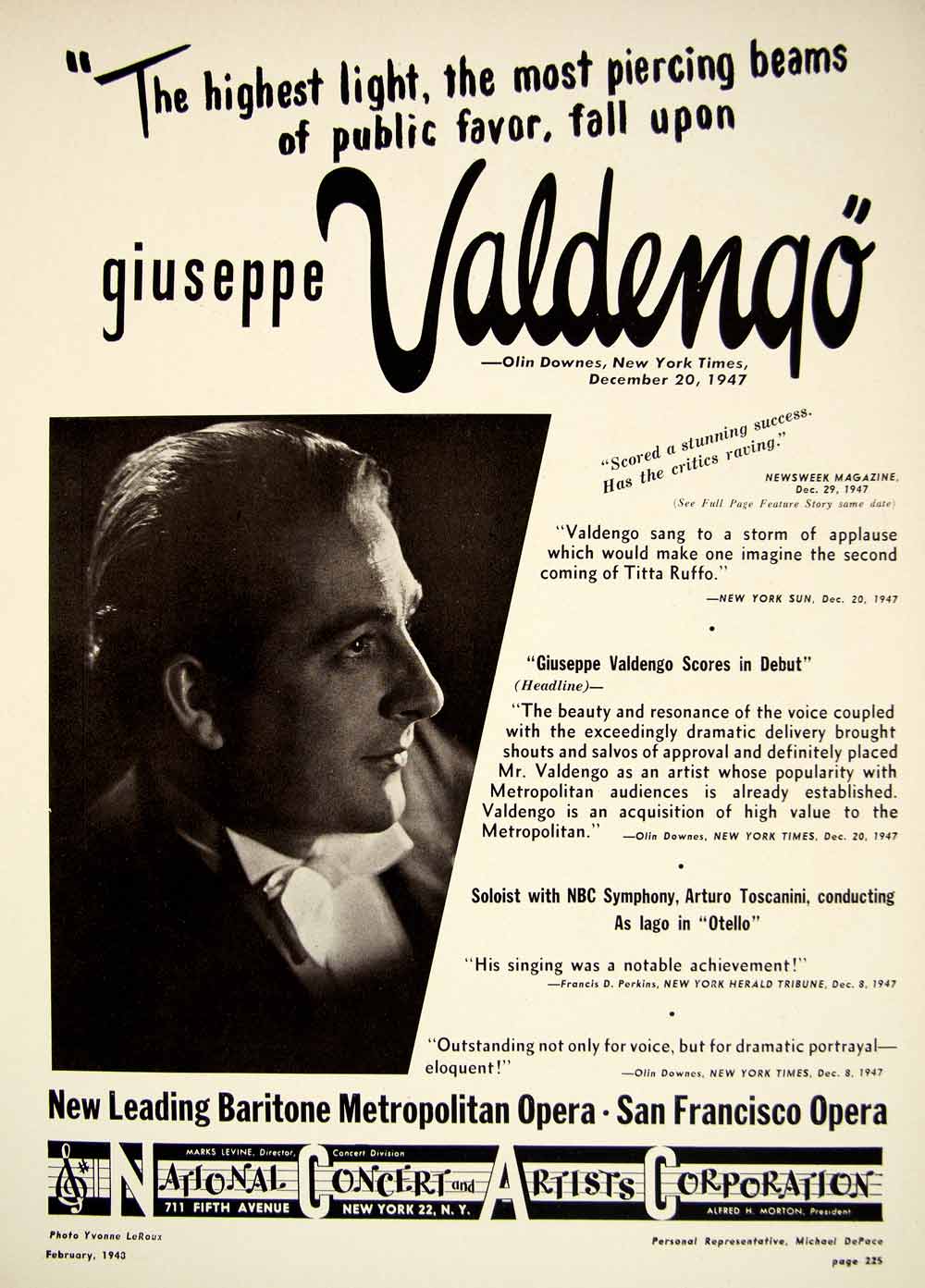 1948 Booking Ad Giuseppe Valdengo Baritone Opera Italian Operatic Singer MAM1