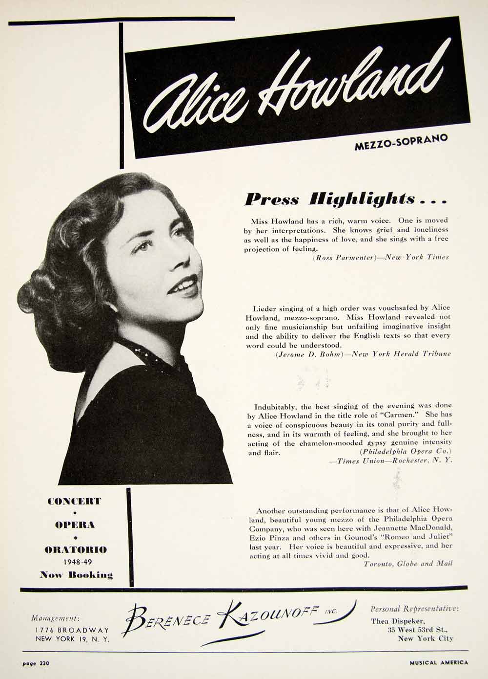 1948 Booking Ad Alice Howland Mezzo Soprano Singer Opera Concert Music MAM1