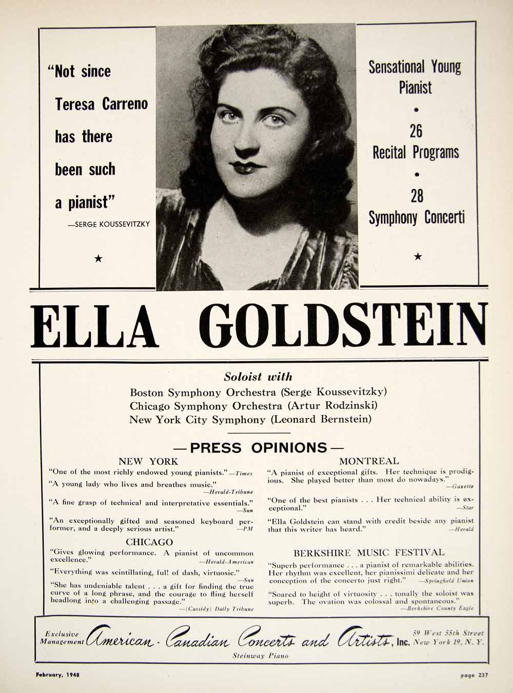 1948 Booking Ad Ella Goldstein Pianist Soloist Classical Piano Music Review MAM1