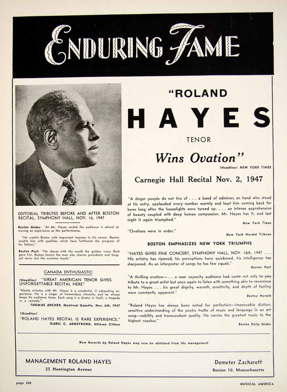 1948 Booking Ad Roland Hayes Tenor African-American Singer Black Americana MAM1