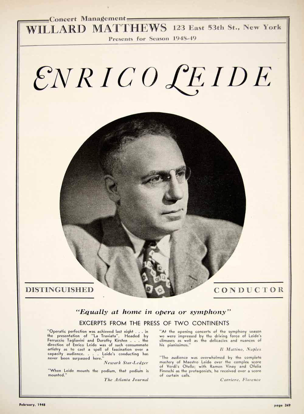 1948 Booking Ad Enrico Leide Conductor Symphany Orchestra Opera Maestro MAM1