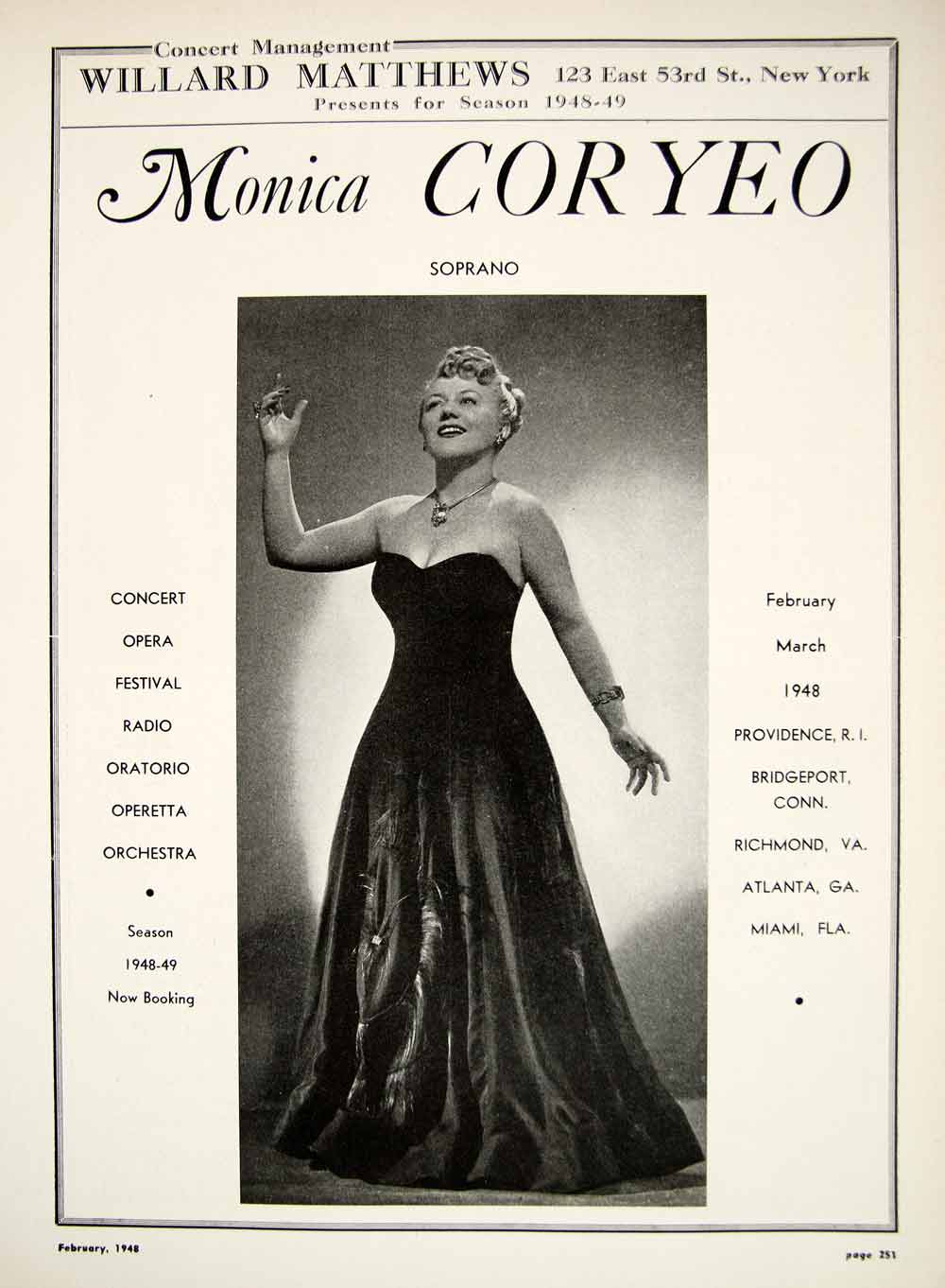 1948 Booking Ad Monica Coryeo Soprano Singer Opera Concert Radio Oratorio MAM1