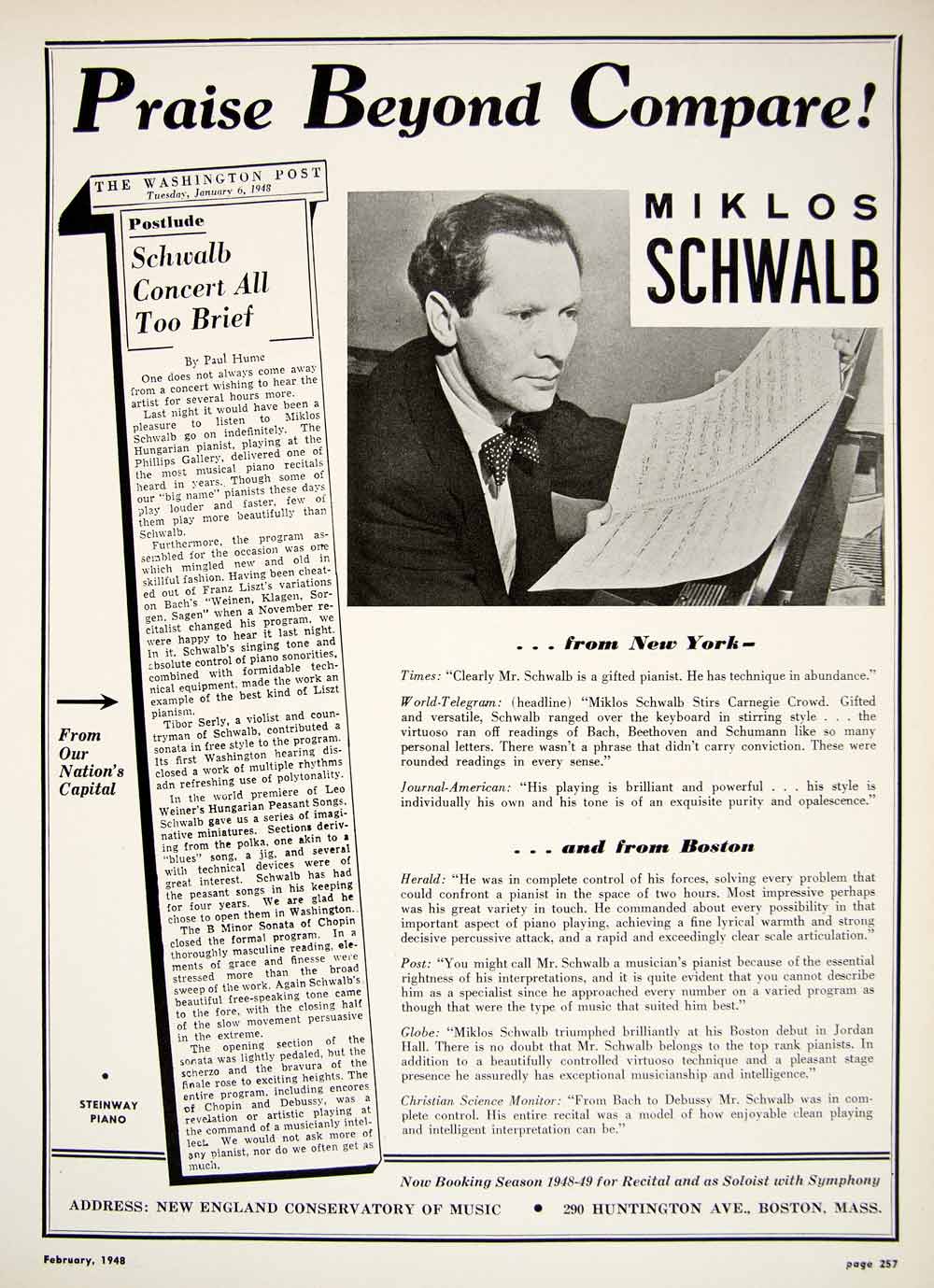 1948 Booking Ad Miklos Schwalb Pianist Piano Classical Music Concert Review MAM1
