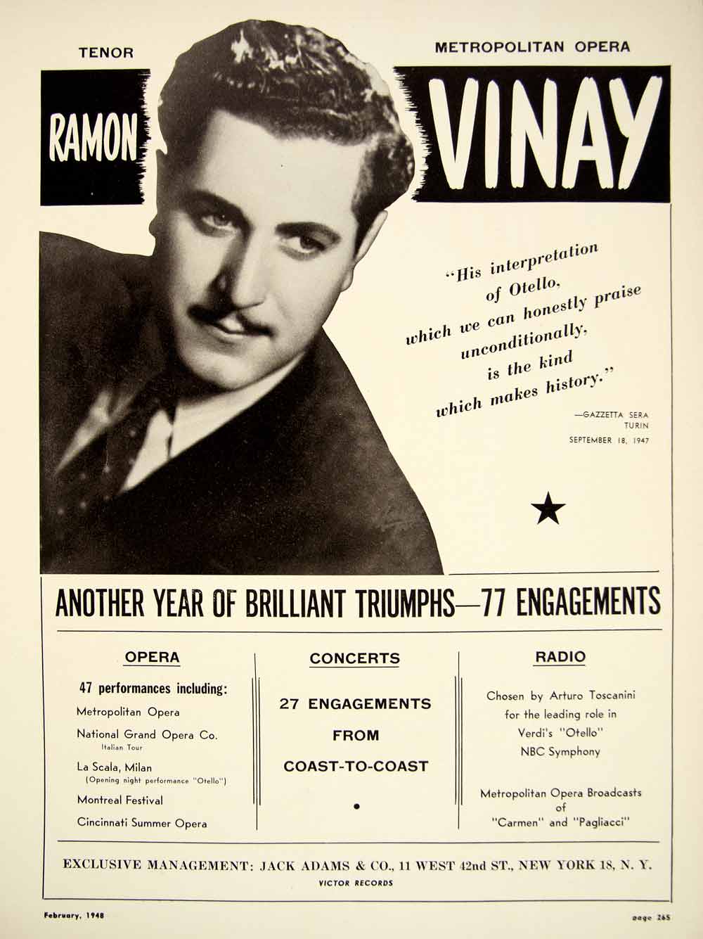 1948 Booking Ad Ramon Vinay Chilean Tenor Singer Chile Opera Otello Concert MAM1