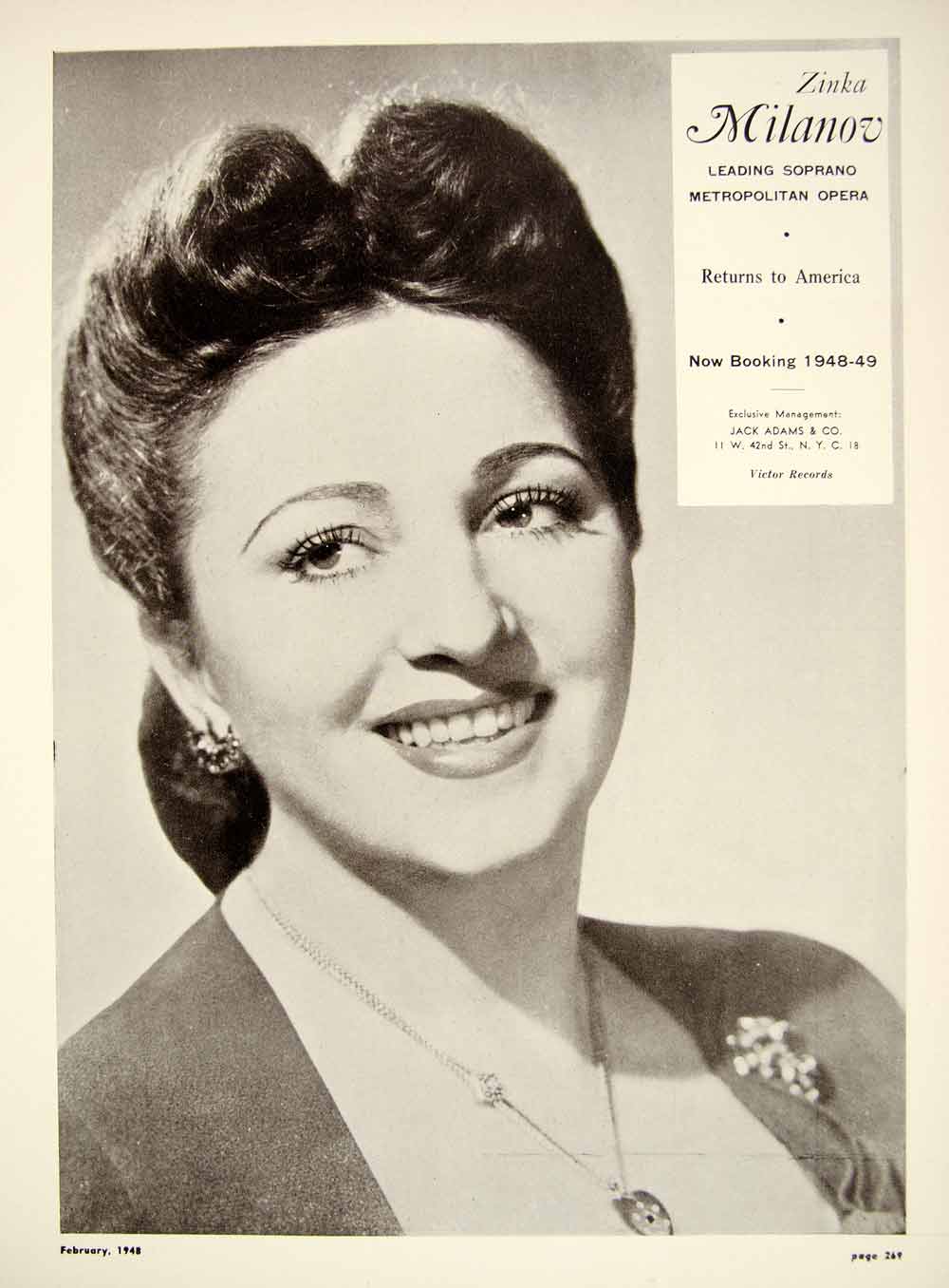 1948 Booking Ad Zinka Milanov Leading Soprano Singer Metropolitan Opera MAM1