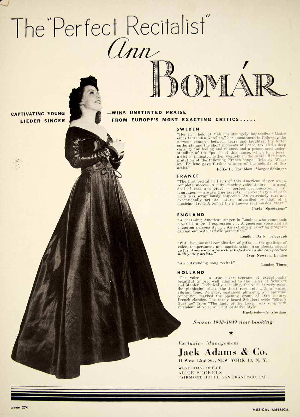 1948 Booking Ad Ann Bomar Lieder Singer Concert Recital Music Critic Review MAM1