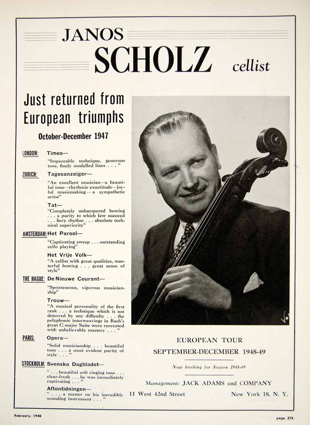 1948 Booking Ad Janos Scholz Hungarian Cellist Cello European Tour Music MAM1