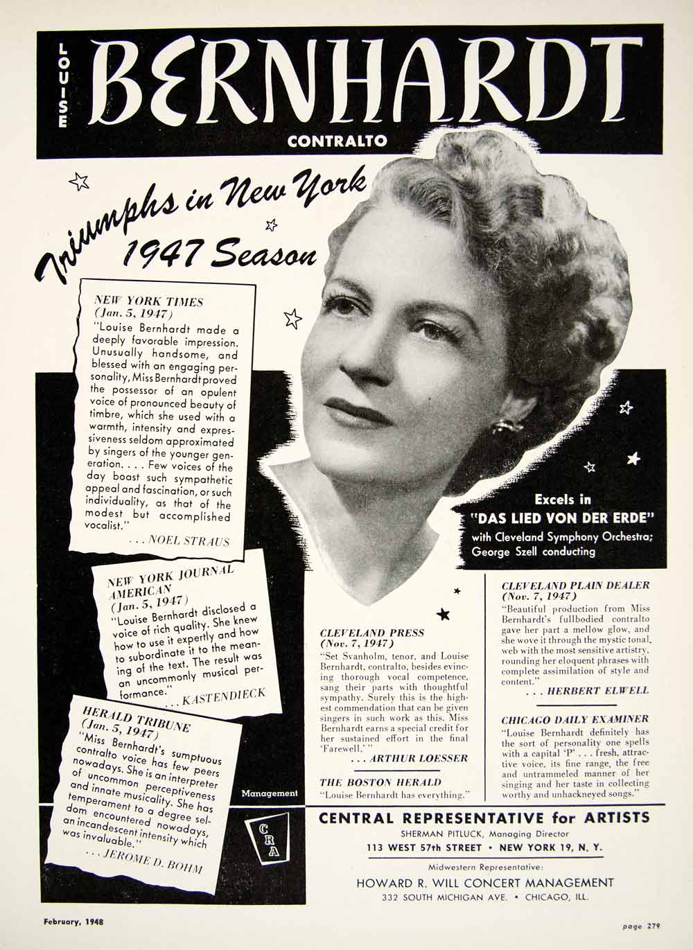1948 Booking Ad Louise Bernhardt Contalto Singer Concert Critic Reviews MAM1