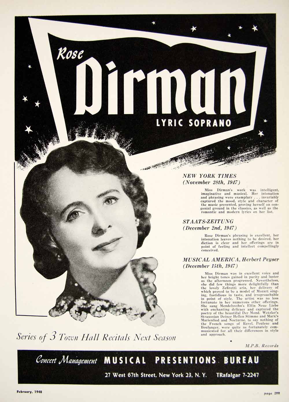 1948 Booking Ad Rose Dirman Lyric Soprano Singer Concert Recital Music MAM1