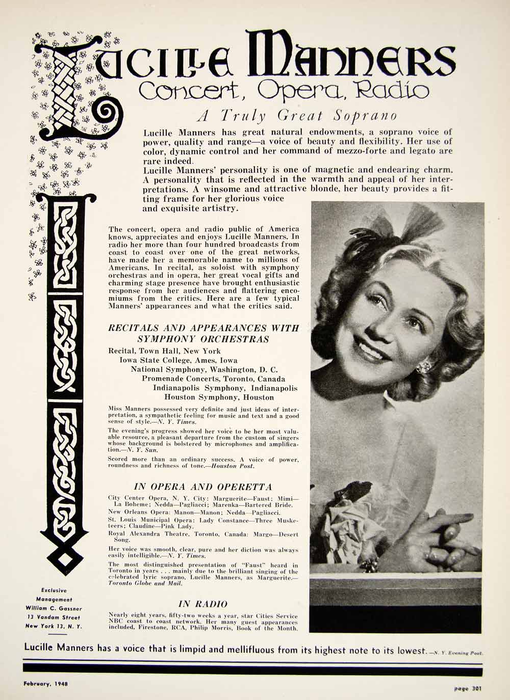 1948 Booking Ad Lucille Manners Soprano Singer Radio Opera Operetta Recital MAM1