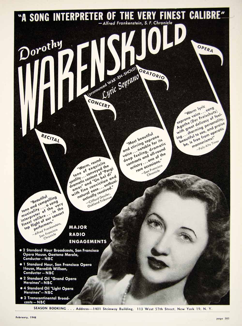 1948 Booking Ad Dorothy Warenskjold Lyric Soprano Singer Opera Concert Song MAM1