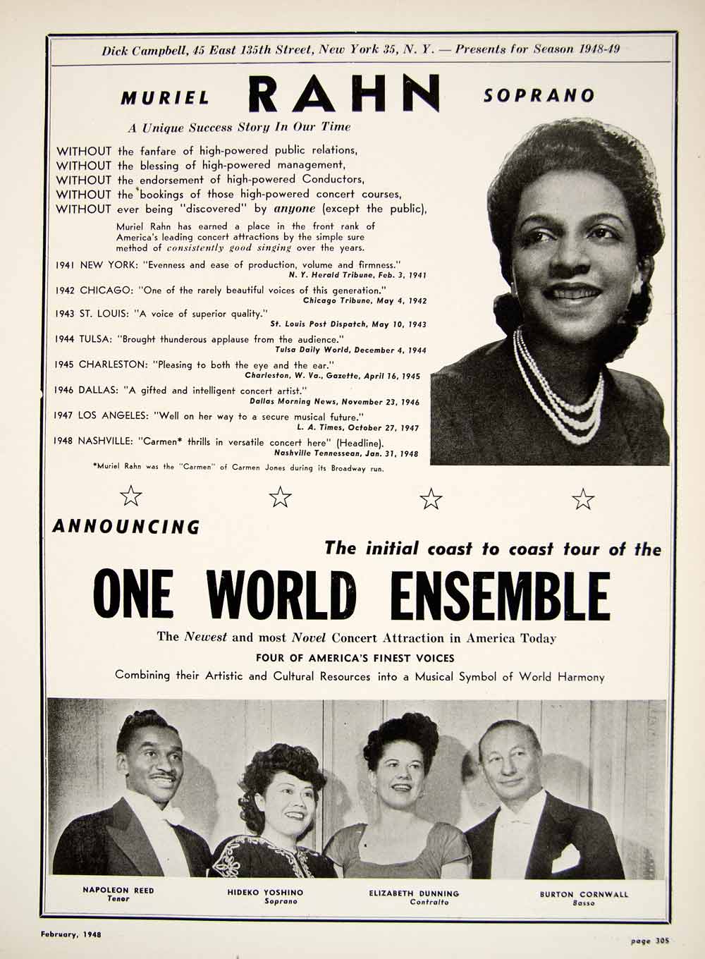 1948 Booking Ad Muriel Rahn Soprano One World Ensemble Black Americana MAM1