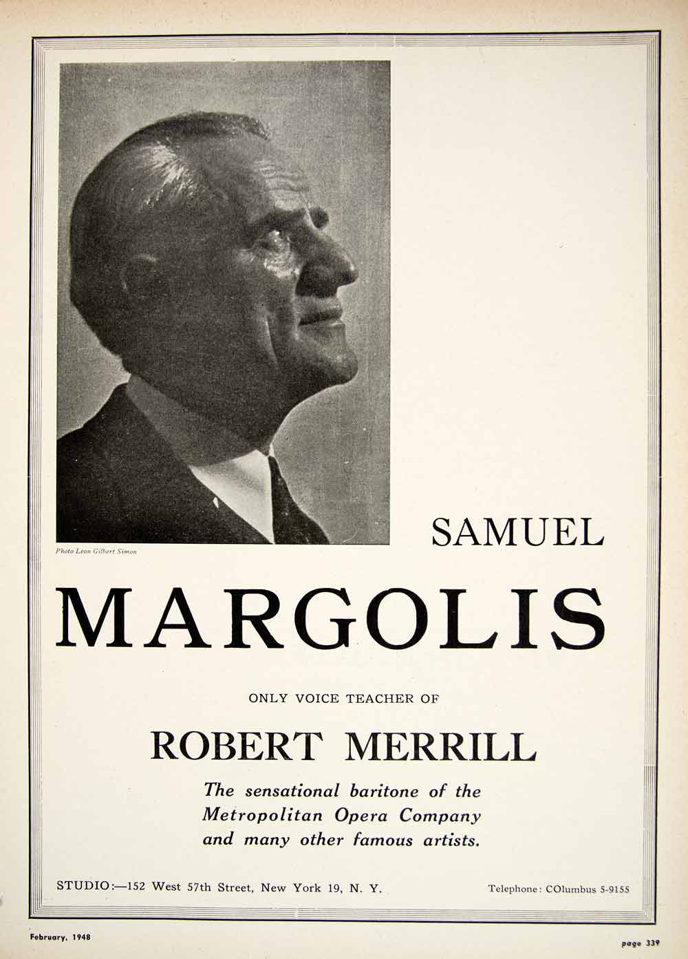 1948 Ad Samuel Margolis Voice Opera Teacher Studio 152 W 57th Street NYC MAM1