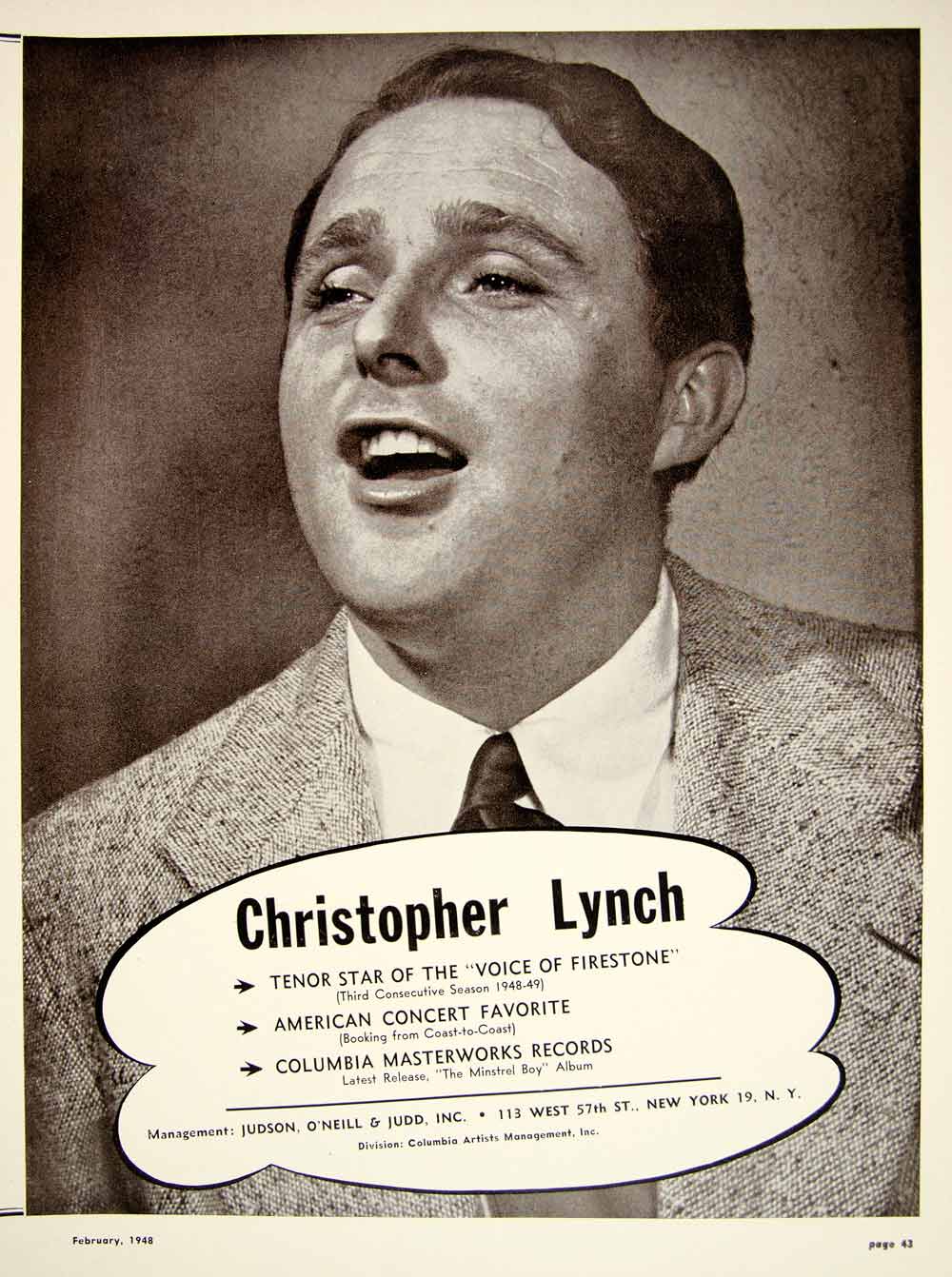 1948 Booking Ad Christopher Lynch Irish Tenor Voice of Firestone Radio Star MAM1