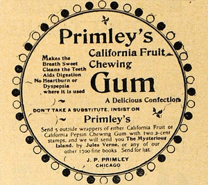1894 Ad J.P. Primley California Fruit Chewing Gum Chicago Candy Sweets MAY1
